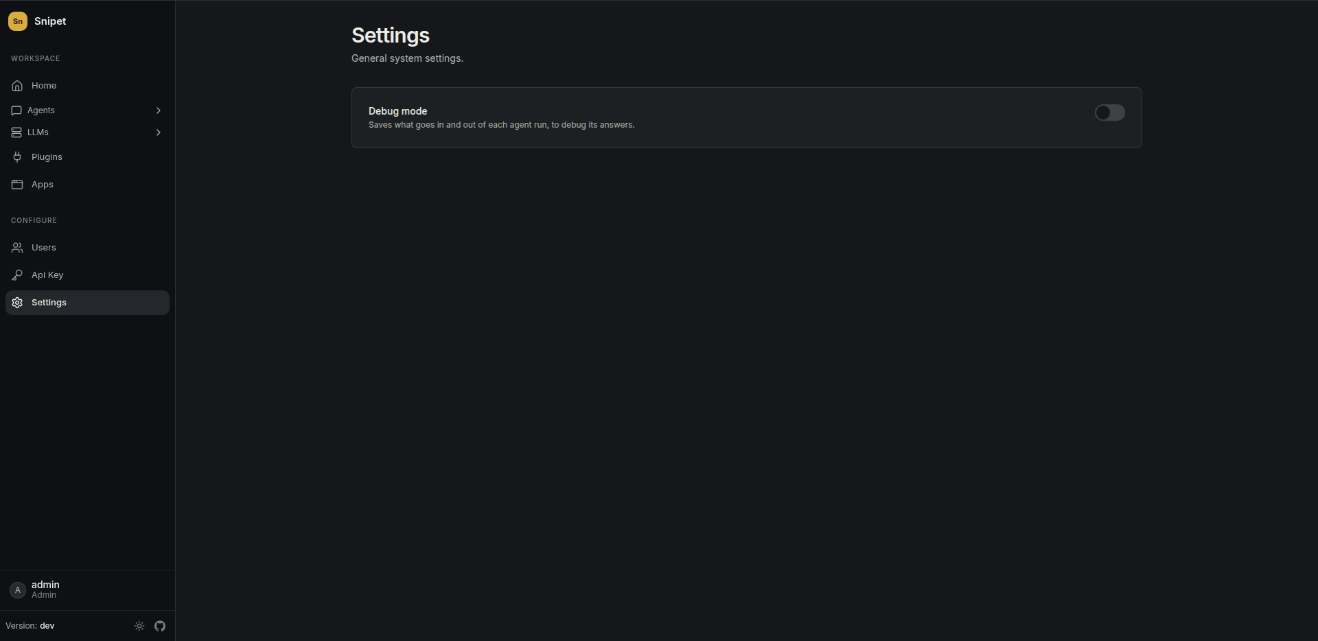 Debug mode in Settings